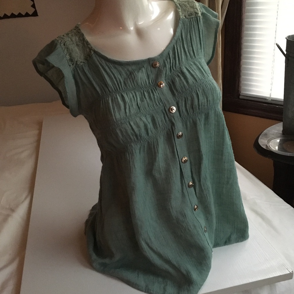 Butterfly Sleeves Ruched Blouse Blue Green Top S